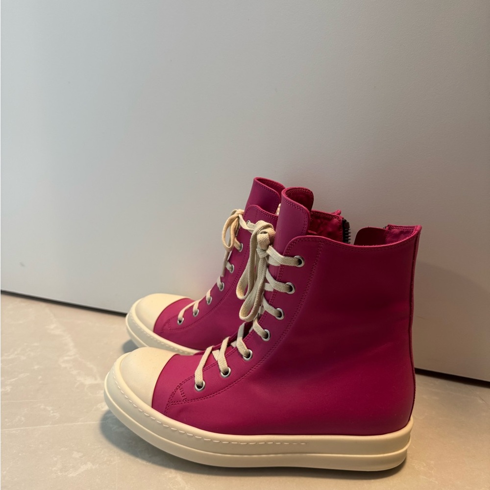Rick Owens Pink and White High-Top Sneakers